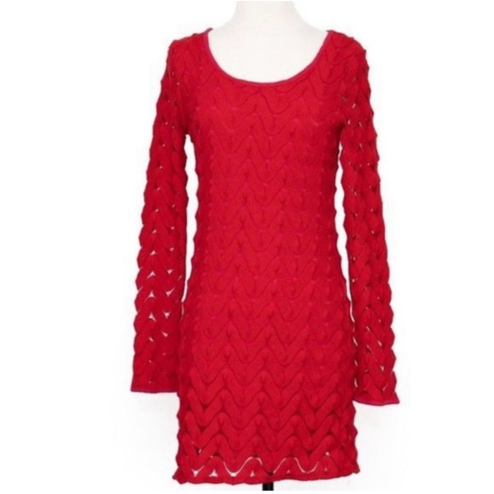 Red Ribbed Ruffled Mini Sweater Dress - Picture 3 of 9